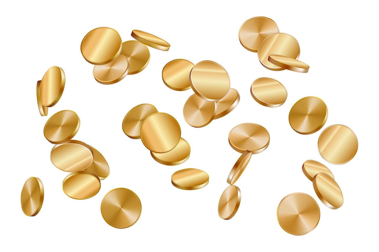 3d coin gold, flow fall or levitate spinning in air. Golden dollar currency fly, rotate, drop as rain side view. Top money for insurance, casino gamble, slot game prize. Cash treasure realistic render vector