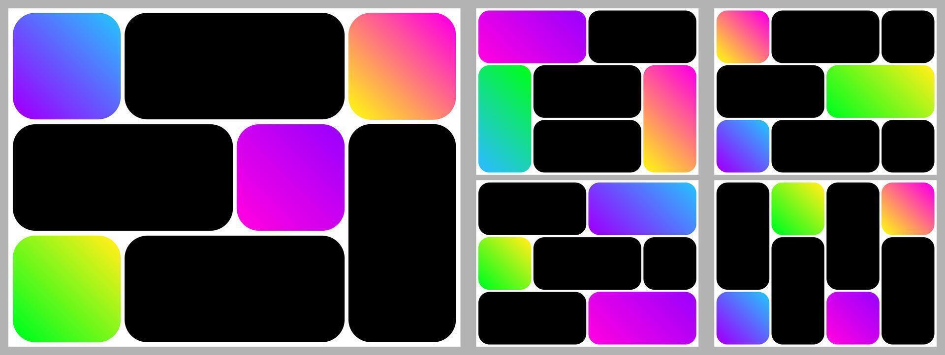 Brutalist bg bento box grid. Photo post template layout. Presentation slide moodboard design. Brochure collage rectangular style gallery. Round shape modular mosaic hierarchy. Comic poster y2k vector