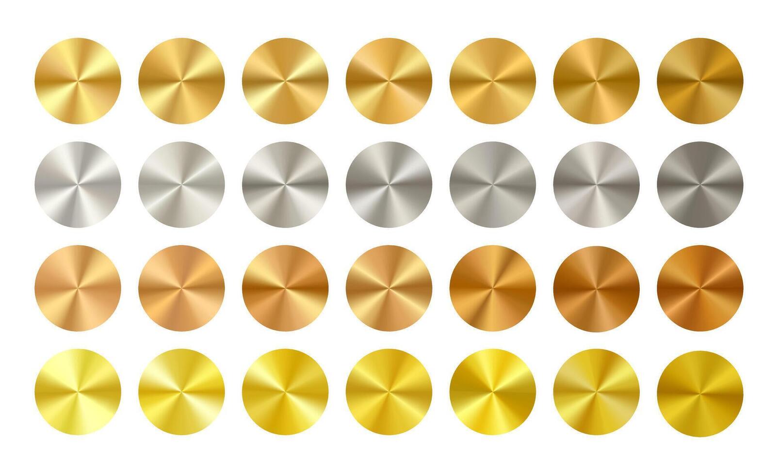Gold silver bronze metal radial shield. Medal badge or circle coin. Disk button gradient surface effect. Circular round brushed foil clipart. Golden warranty diploma sticker. Stainless nickel plate vector