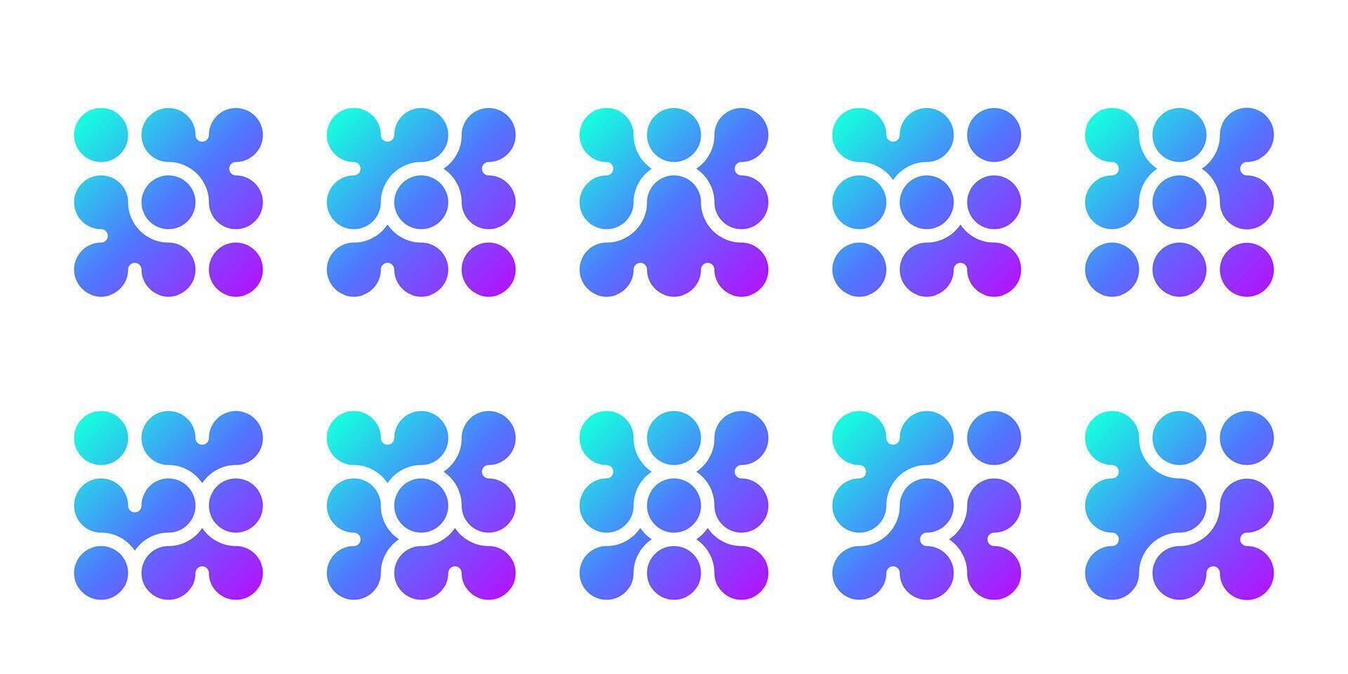 Abstract connected circles, dot icon. Integrate innovate logo, technology shape. Neuron Nano molecula, artificial brain symbol. Network science data, metaball design. Organic medical liquid vector