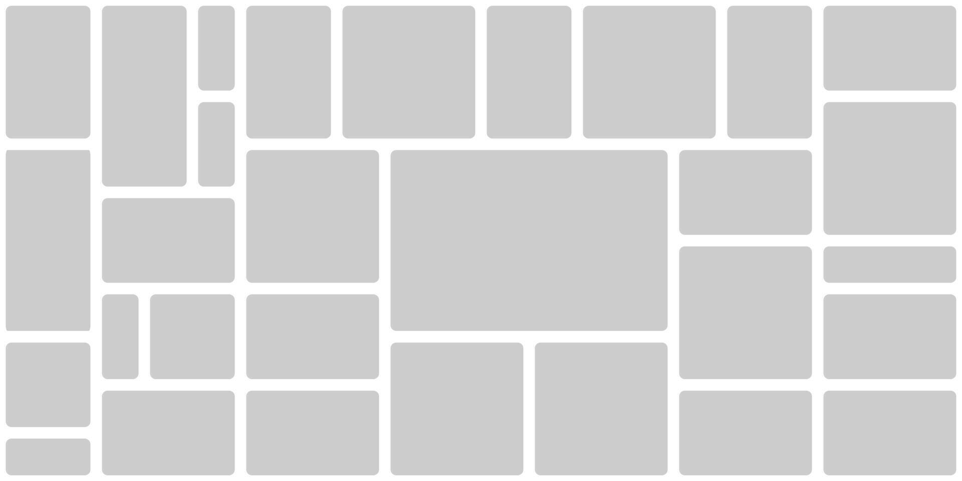 montage grid template. Visual brick wireframe of geometric blocks layout. Composite chaos shapes for photomontage modern collection. Statistic software bento website design slide technology. vector
