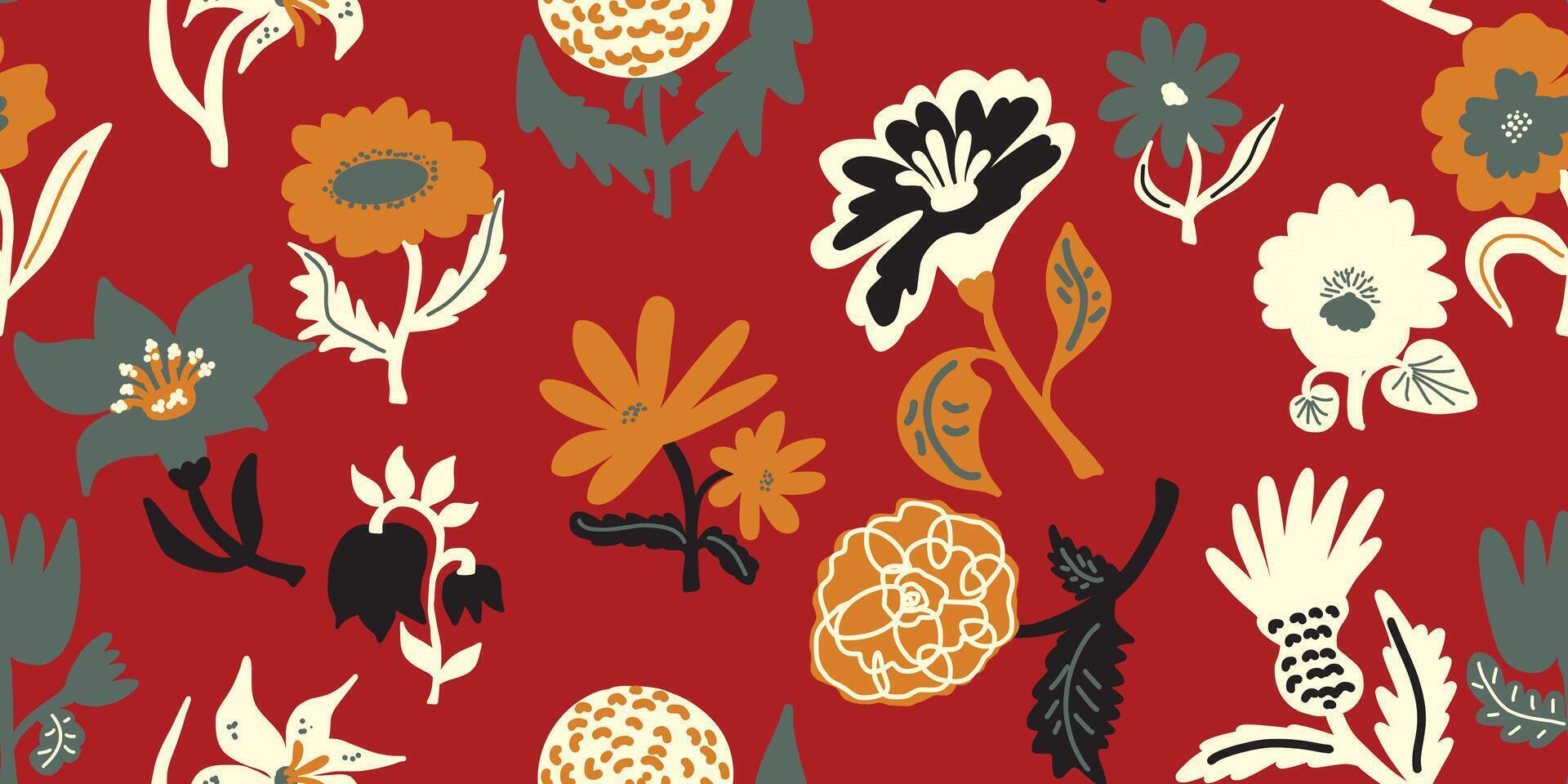 a red and orange floral pattern with leaves and flowers vector