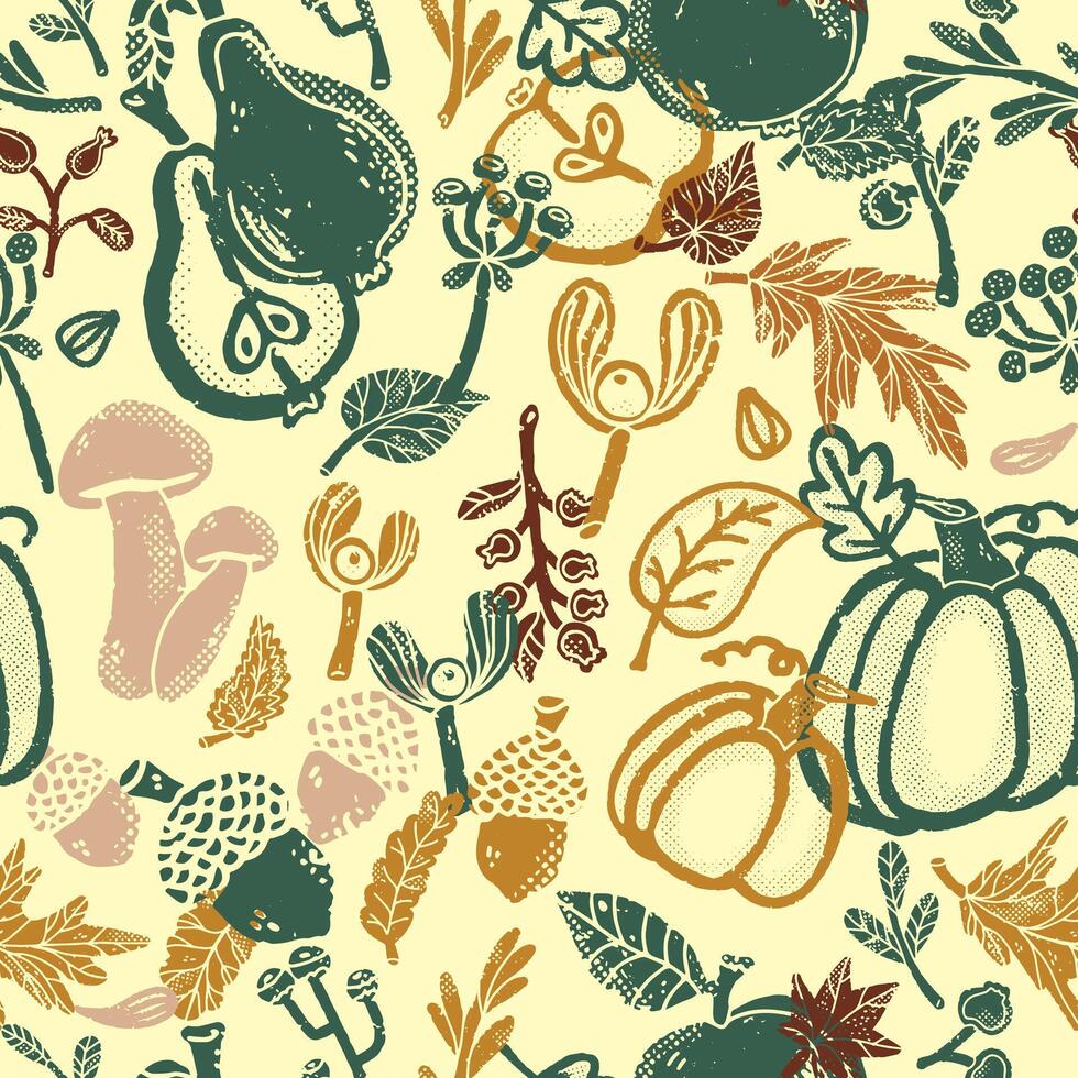 autumn seamless pattern with pumpkins, leaves and mushrooms vector