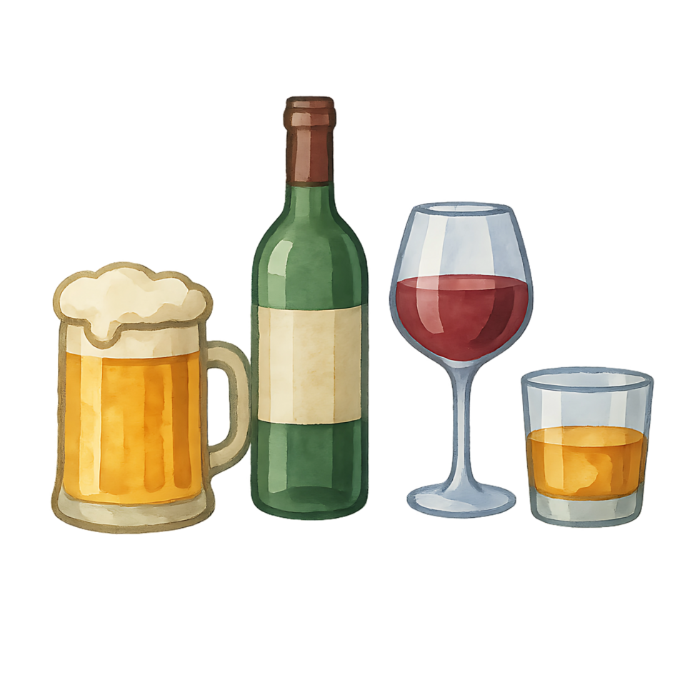 Alcoholic Beverages Illustration Beer, Wine, Whiskey, Liquor Drink Icons, Bar Menu Design, Beverage Concepts png