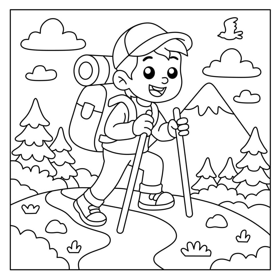 cartoon coloring page of a boy climbing a mountain with a bag and stick in the open air. Illustration for a coloring book with a mountain climbing theme vector