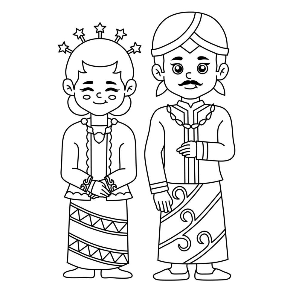 a man and woman couple wearing traditional Javanese Indonesian clothing. Illustration for a children's coloring book. To learn about Indonesian culture vector