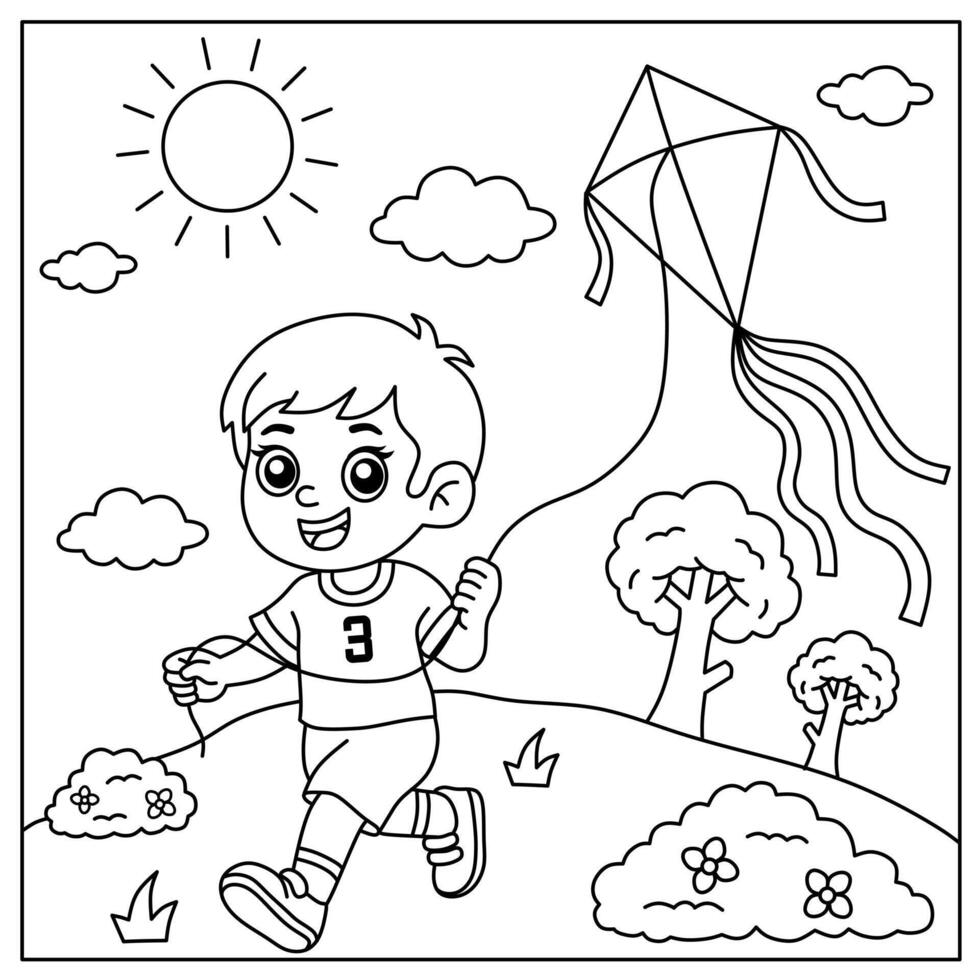 Cartoon illustration of a boy playing a kite in the park. Sketch for education, children's activities, and coloring books. vector