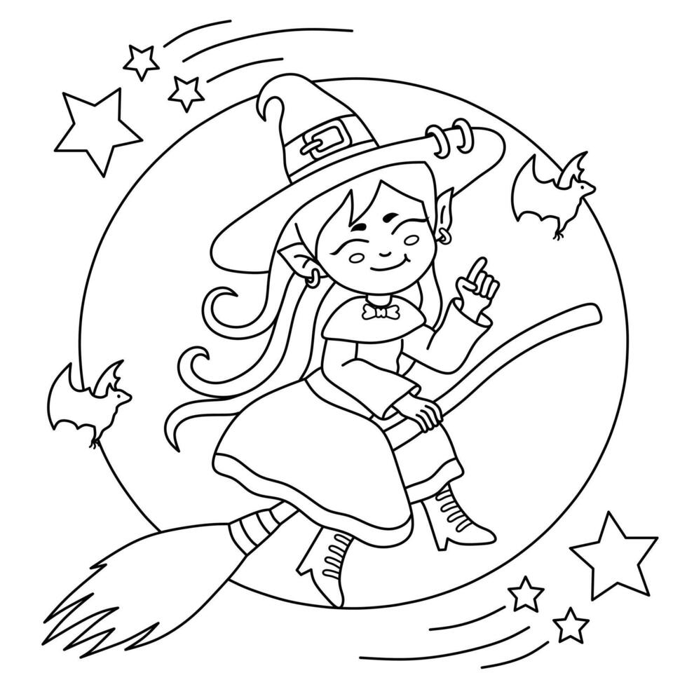 little witch flying in the night sky with a magic broom. illustration for children's coloring book vector