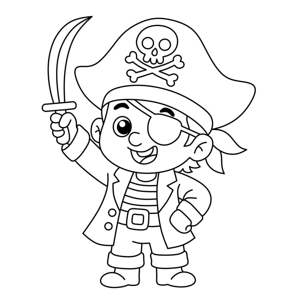 Illustration of a boy dressed as a pirate carrying a sword. Cartoon coloring book for children with a pirate theme vector