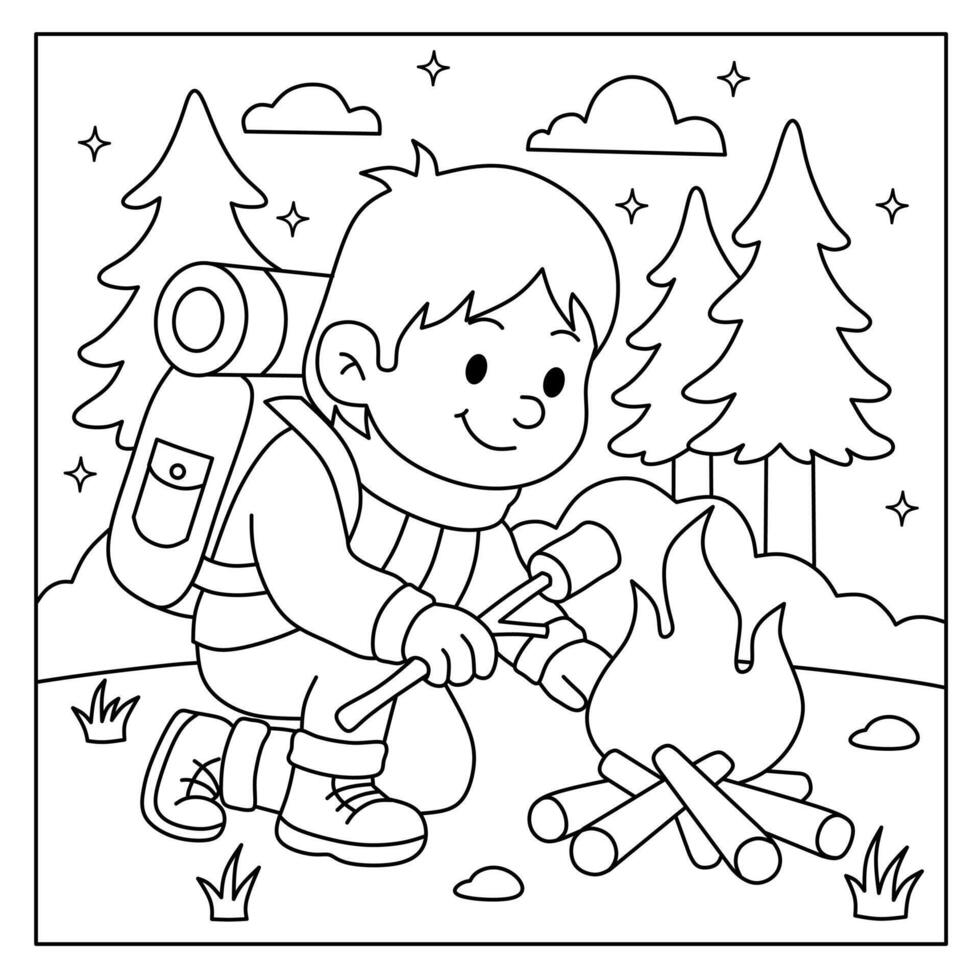 coloring pages of cartoon boys roasting marshmallows on a campfire while camping. Illustration for children's coloring book vector