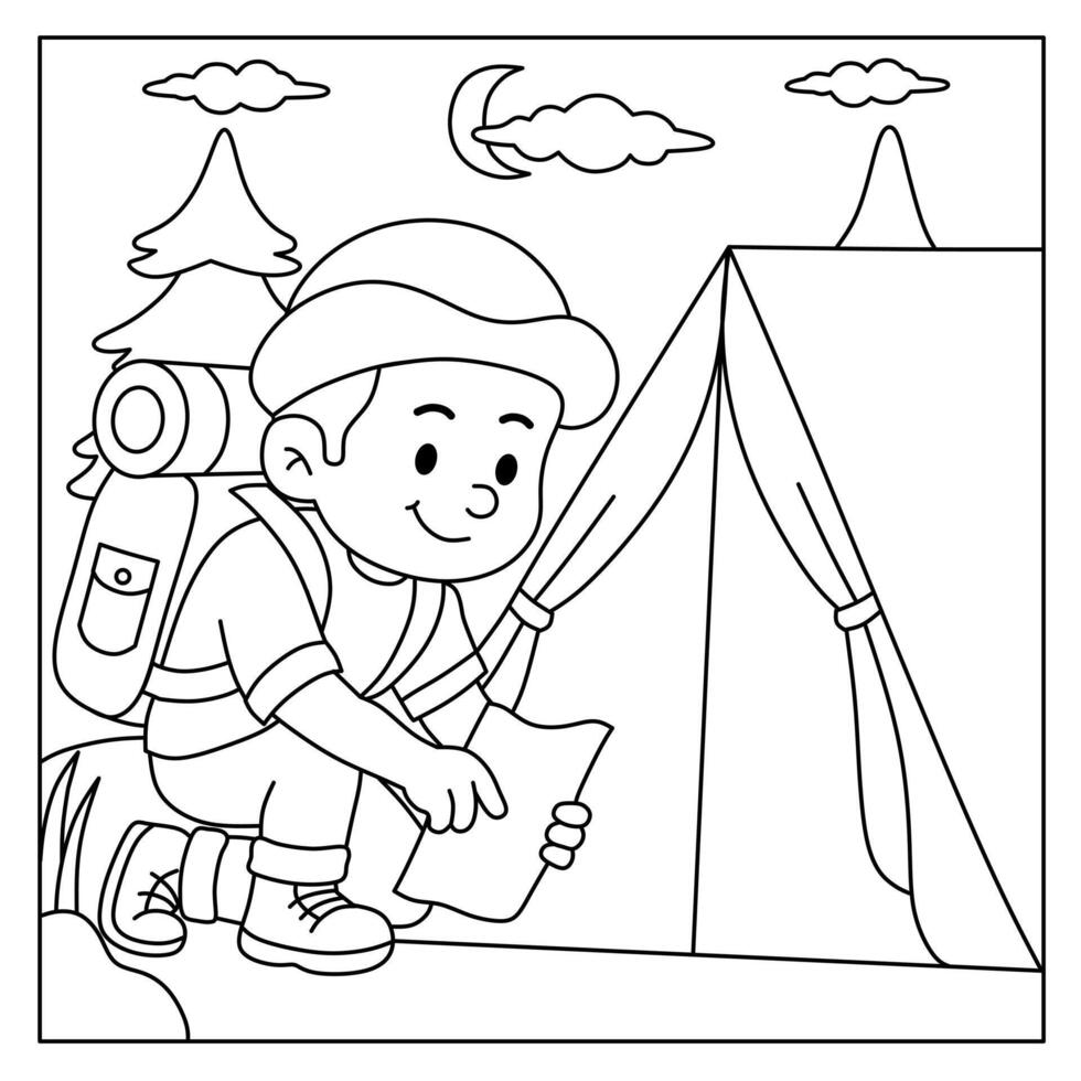 coloring page of boy reading map near tent.illustration of children's adventure theme coloring book vector