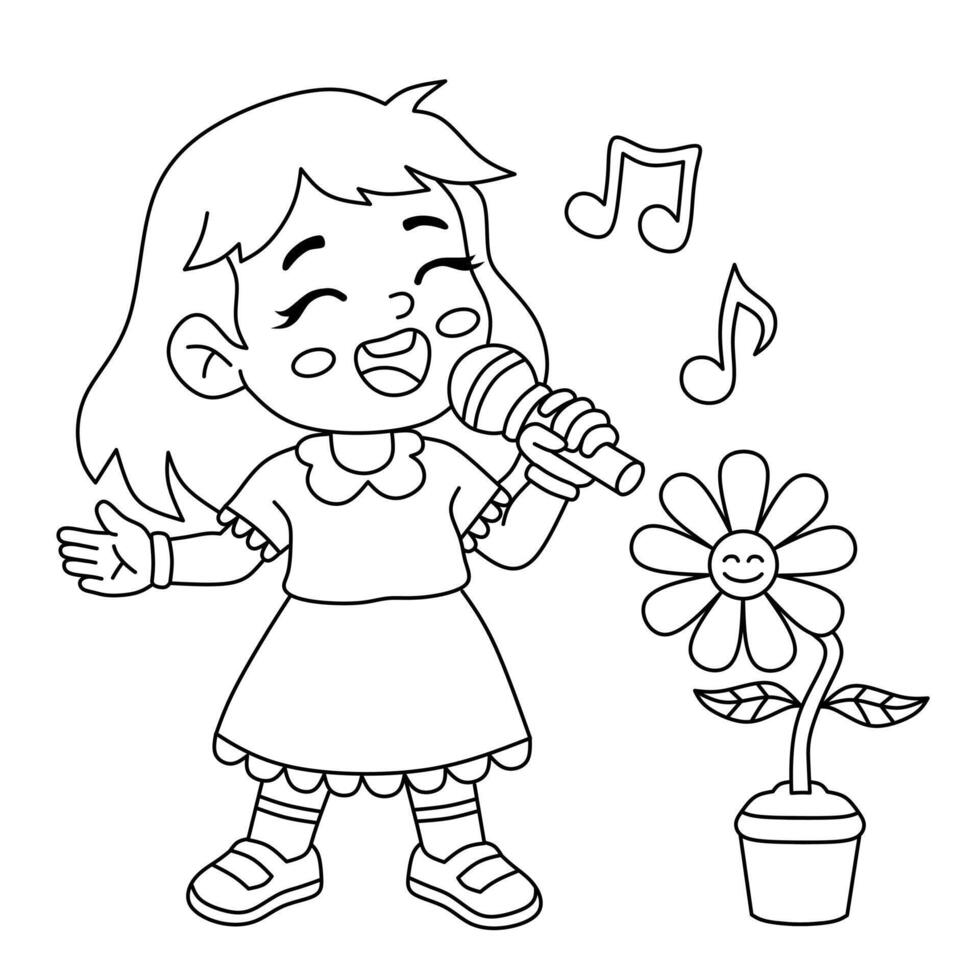 Illustration of a girl singing happily and joyfully with sunflowers. Black and white sketch for children's coloring book vector