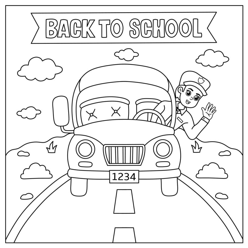 school bus and driver welcome back to school. illustration of children's coloring book with back to school theme vector