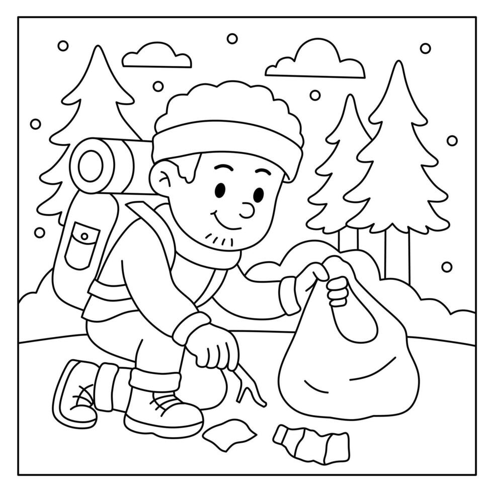 coloring pages of cartoon boys cleaning up trash from camping. Illustration of a coloring book about educating about maintaining environmental cleanliness vector