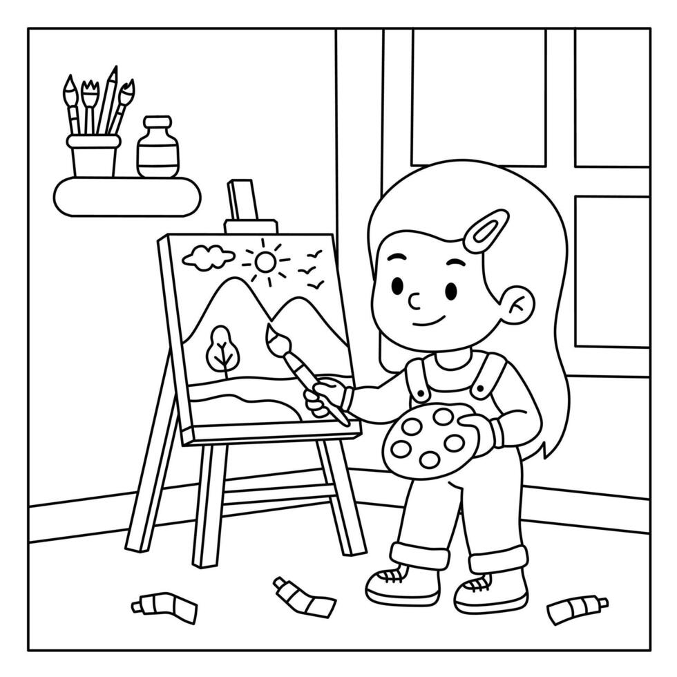 coloring pages for girls painting scenery on canvas with indoor background vector