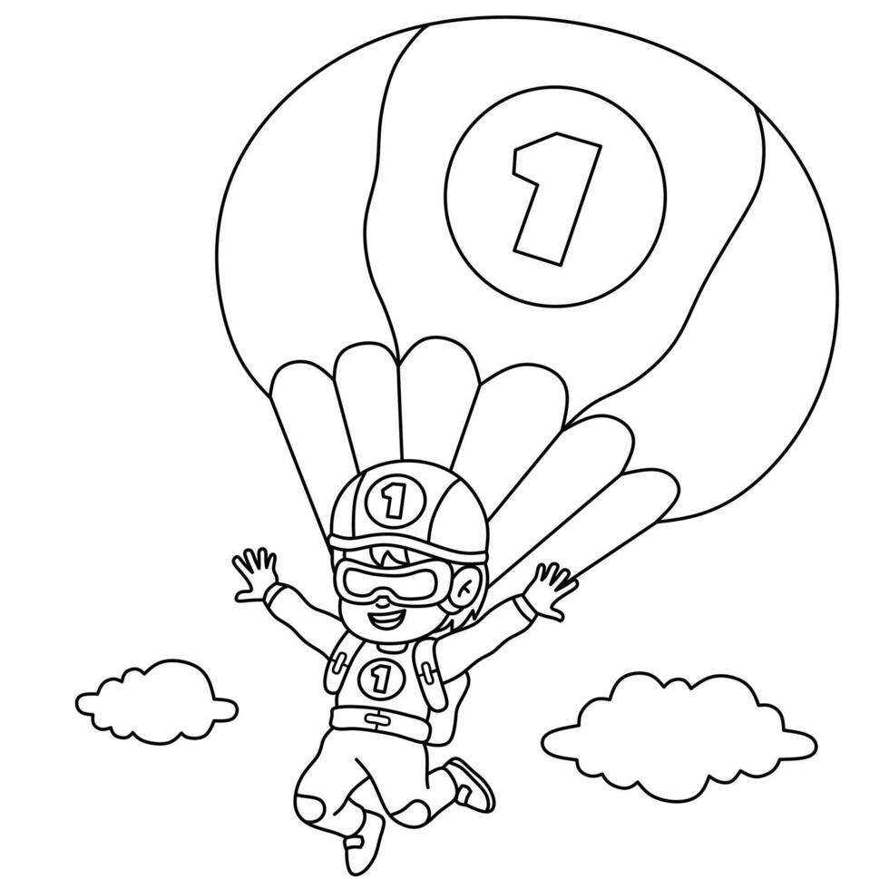 exciting adventure of children skydiving. Illustration of a coloring book of children skydiving with a parachute vector