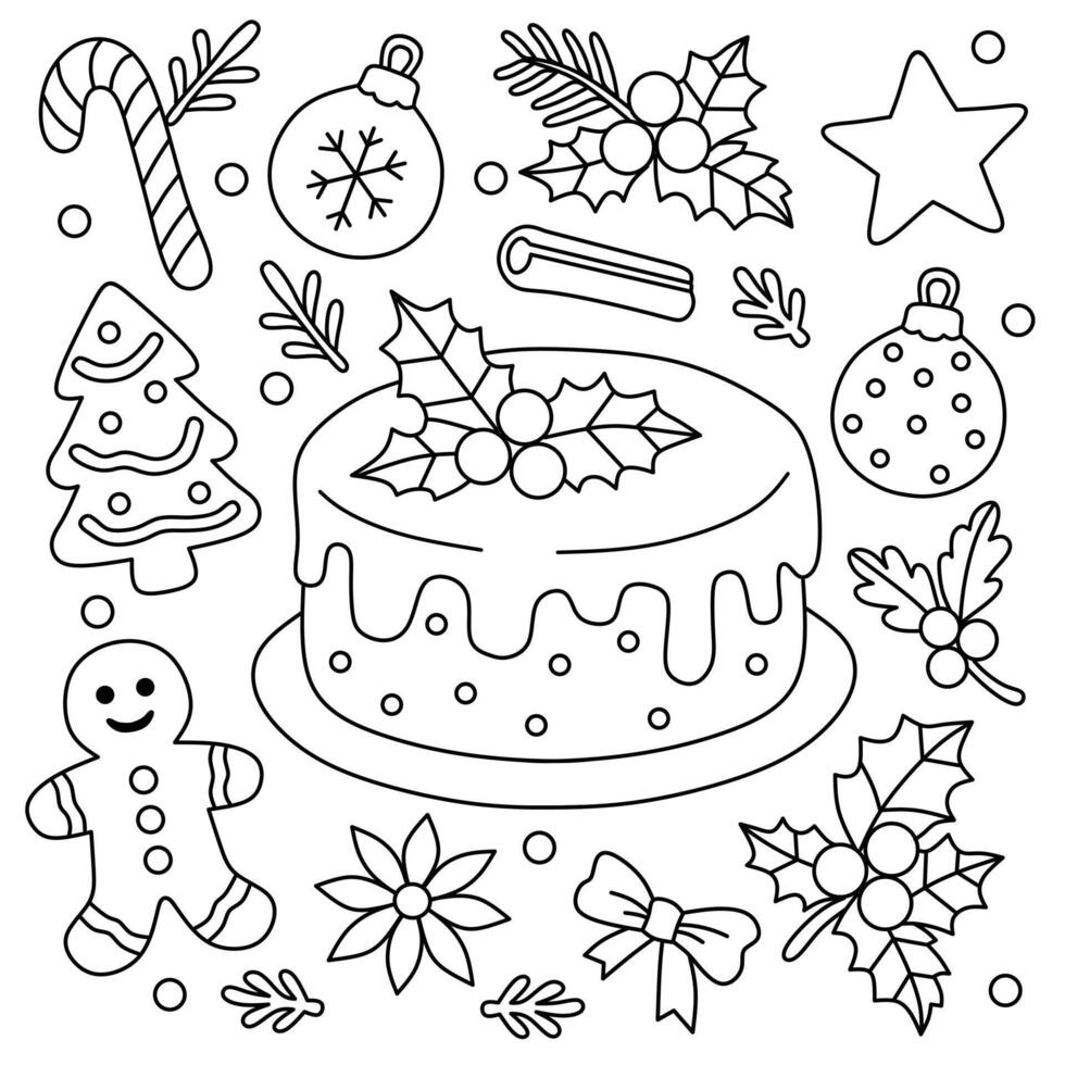 Christmas cookies,gingerbread men,candy,bells and Christmas decorations.Hand drawn Christmas themed coloring page illustration vector