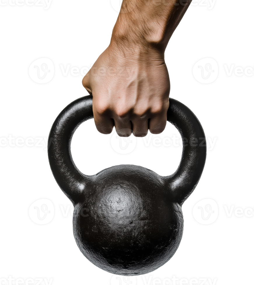 Male hand gripping black kettlebell isolated on transparent background png
