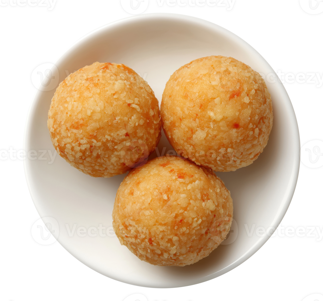 Three golden brown ladoo Indian sweets served on white plate isolated on transparent background png