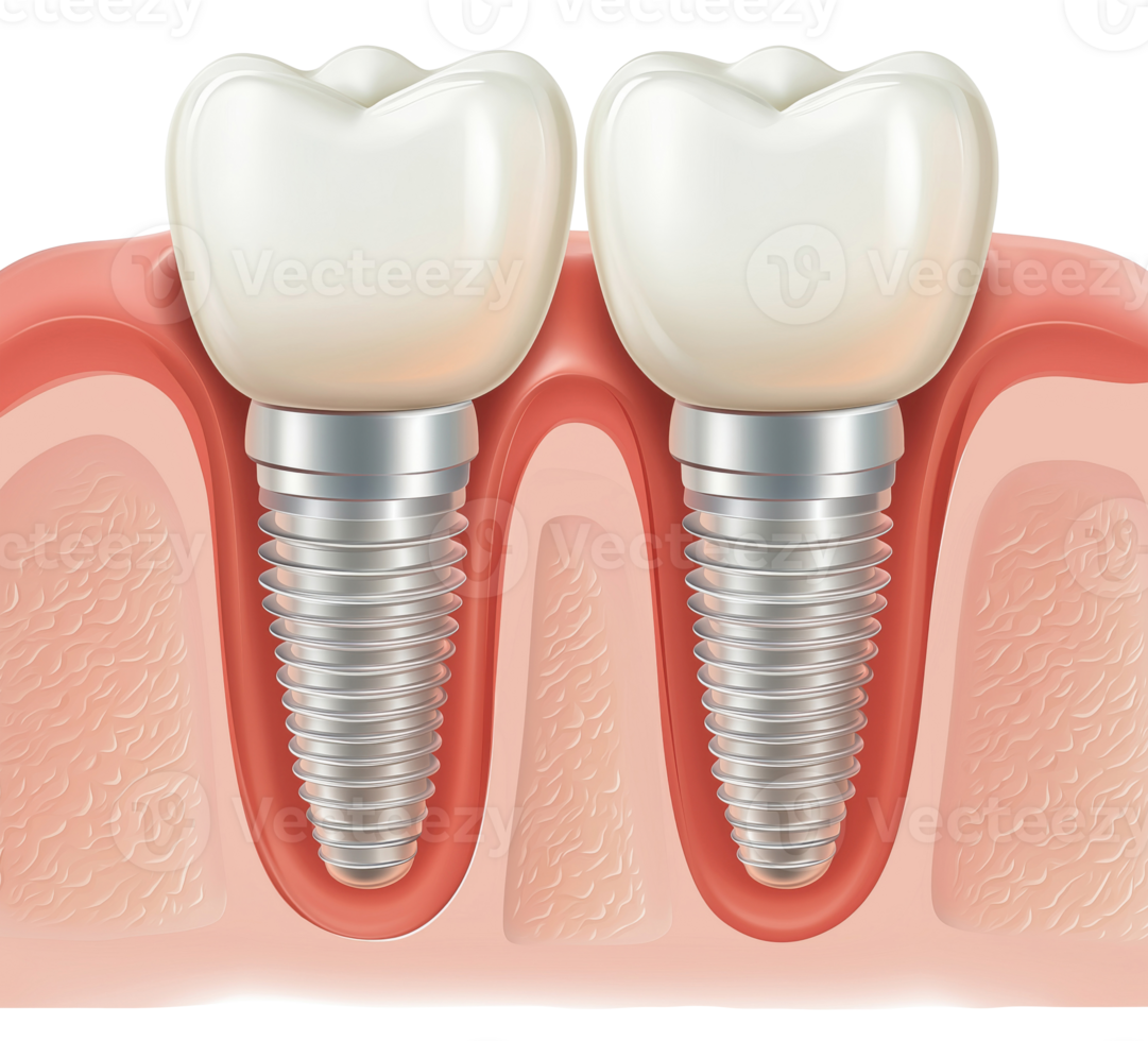 Medical illustration showing two dental implants with titanium screws isolated on transparent background png