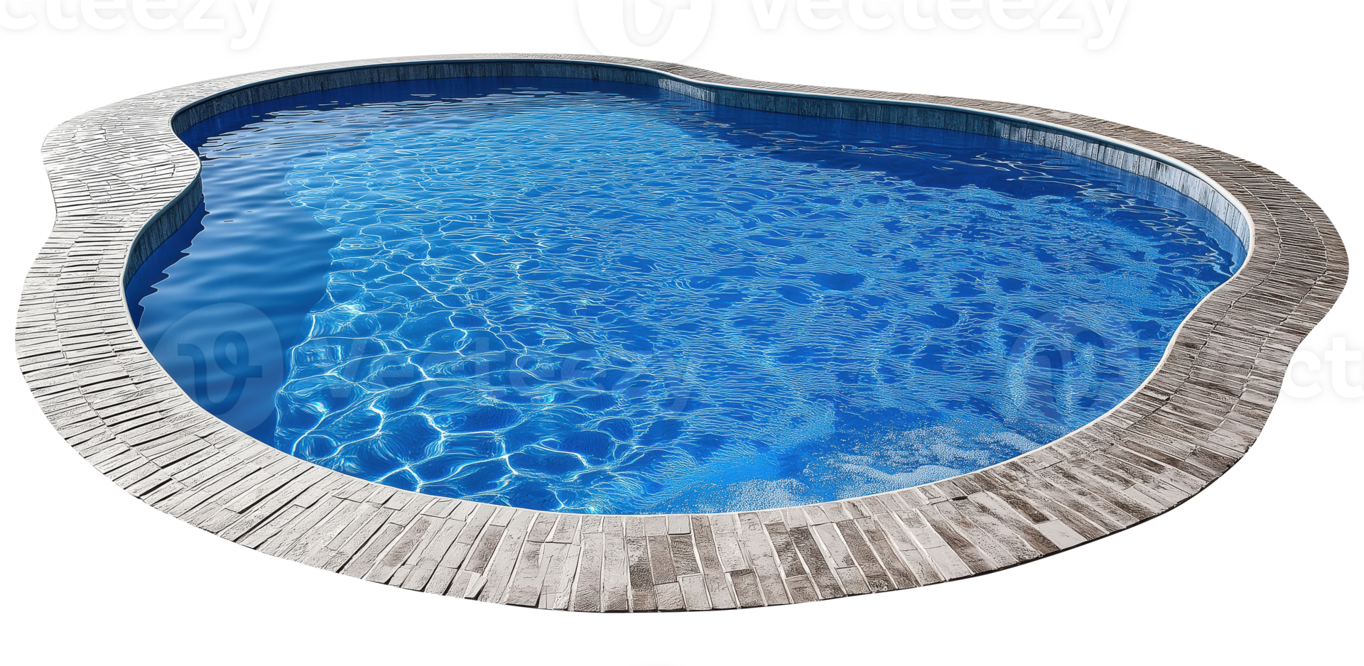 Swimming pool with clear blue water surrounded by stone tile deck, isolated on transparent background png