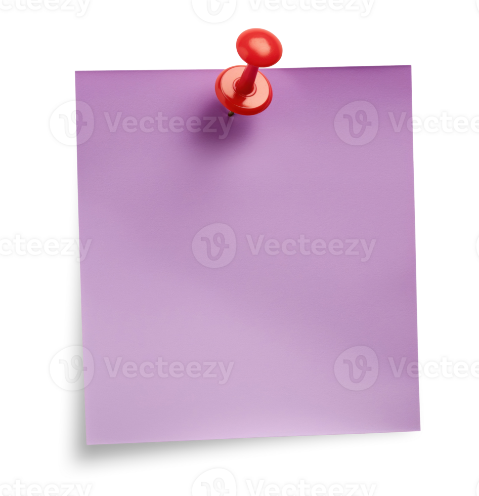 Blank purple paper note with red push pin isolated on transparent background png