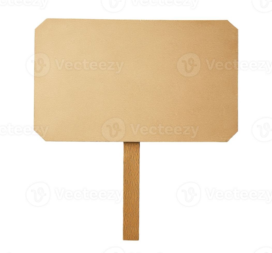 Empty beige wooden sign mounted on wooden post isolated on transparent background png