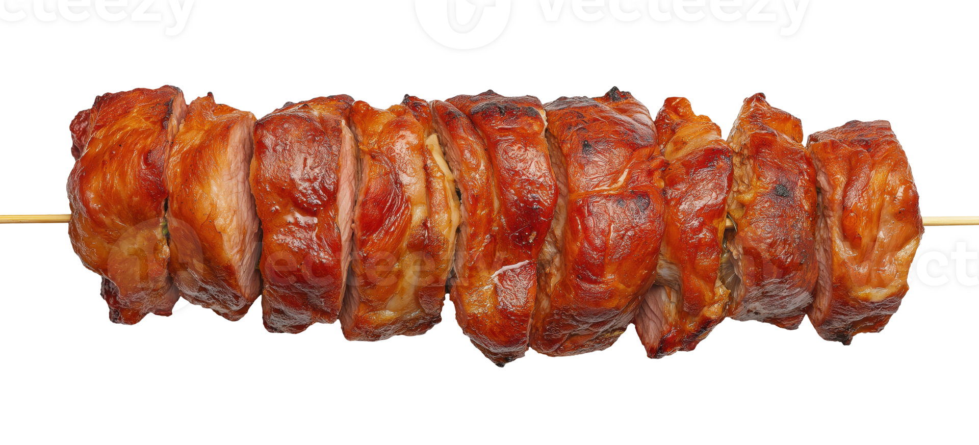 Grilled meat roll on wooden skewer with crispy golden crust isolated on transparent background png
