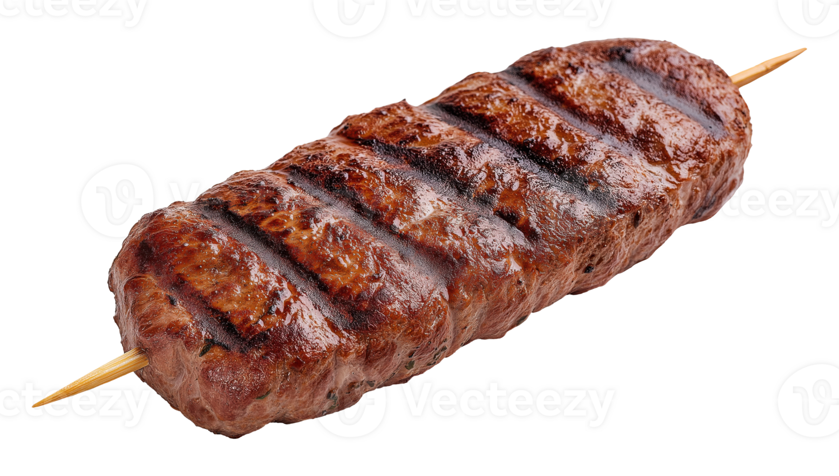 Perfectly grilled seasoned meat kebab on wooden skewer with char marks isolated on transparent background png