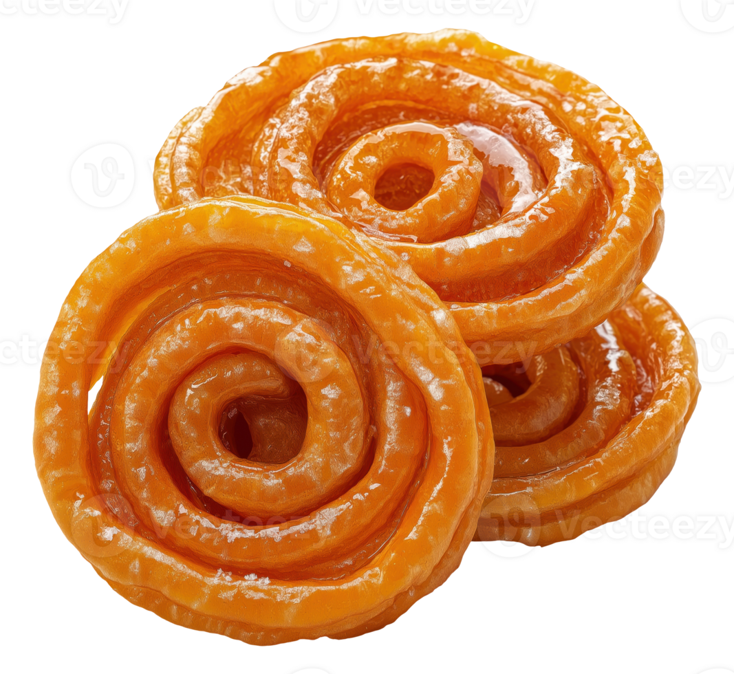 Jalebi sweets in spiral shape, popular Indian dessert, isolated on transparent background png