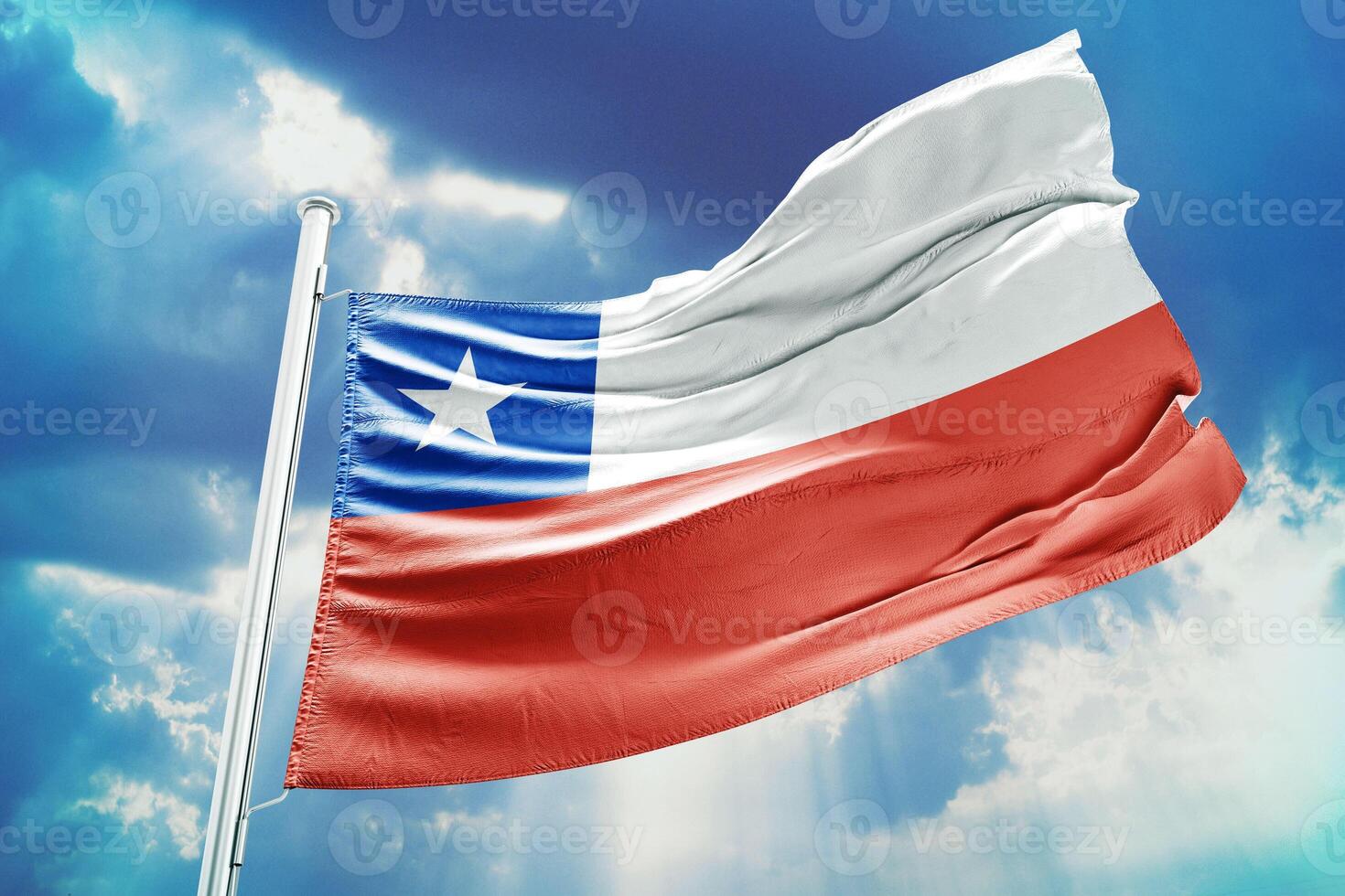 The chilean flag is flying high in the sky photo