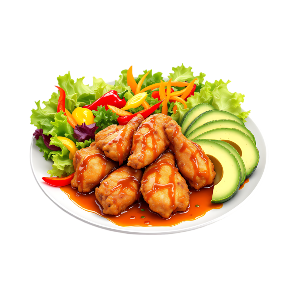 Delicious chicken wings with fresh salad and avocado. png