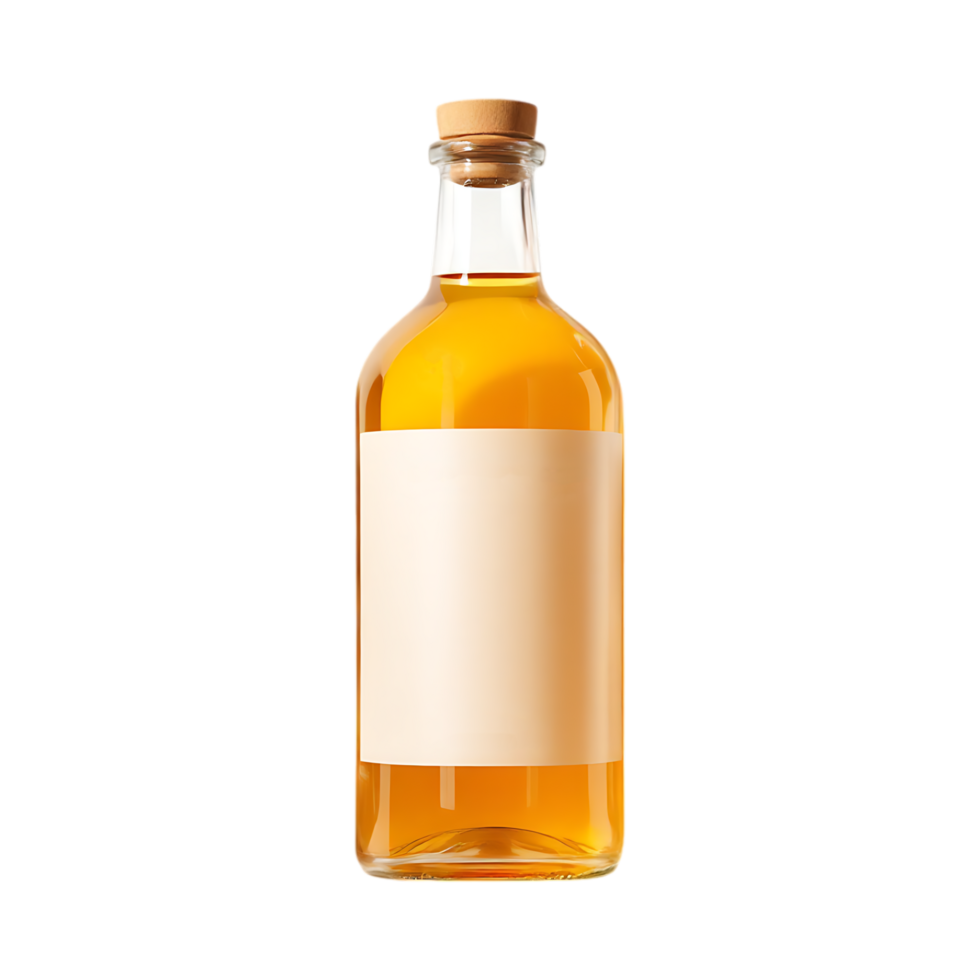 Amber liquid in a clear glass bottle with a blank label and cork. png