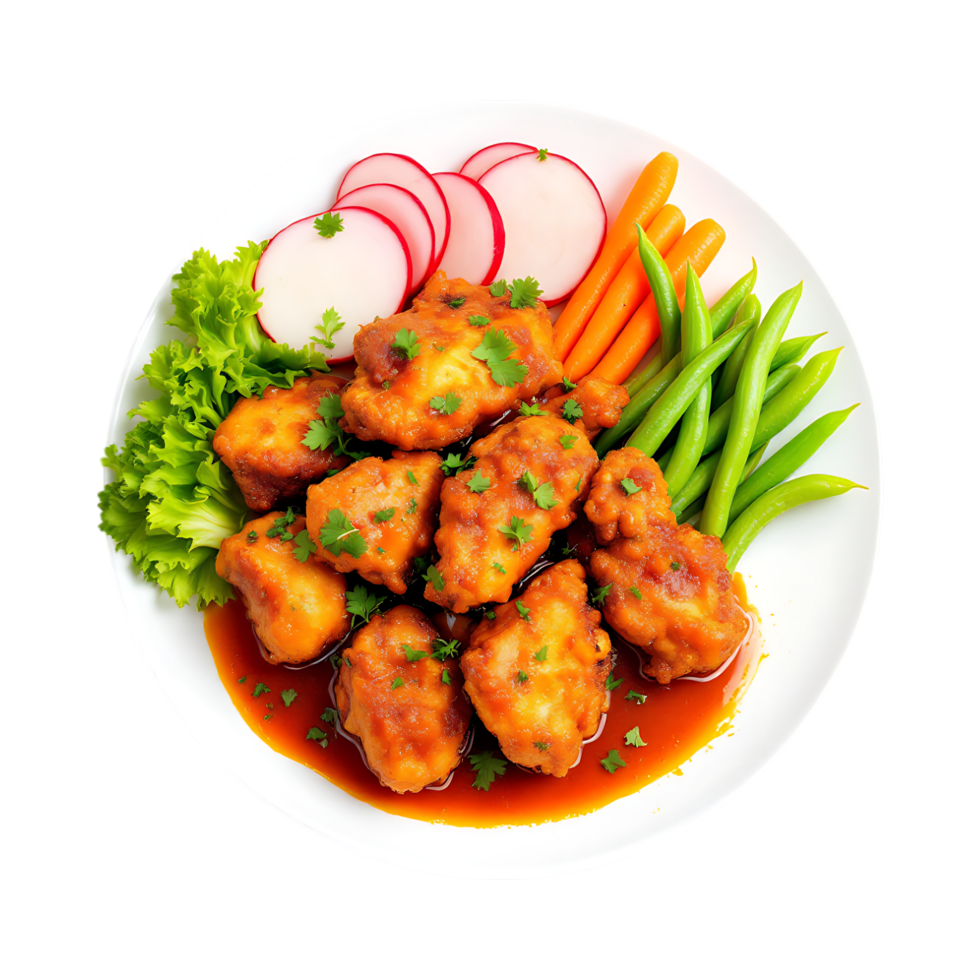 Delicious chicken in orange sauce with fresh vegetables. png