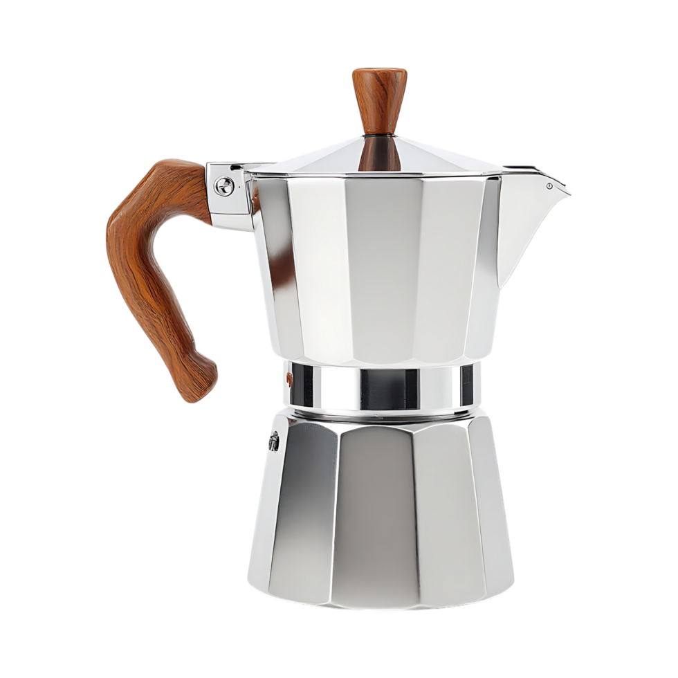 Aluminum stovetop espresso maker with wooden handle. png