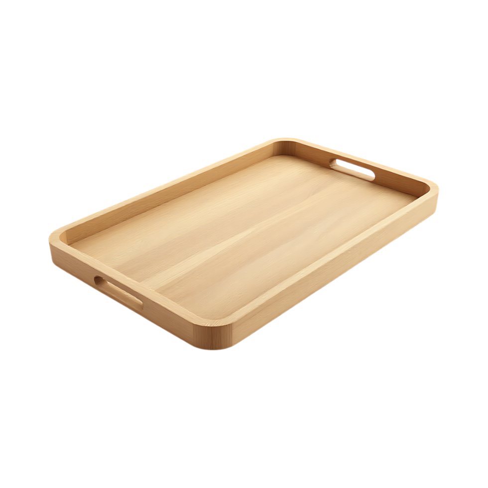 Rectangular wooden serving tray with handles. png