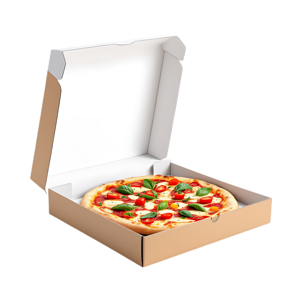 Delicious margarita pizza in a cardboard box png