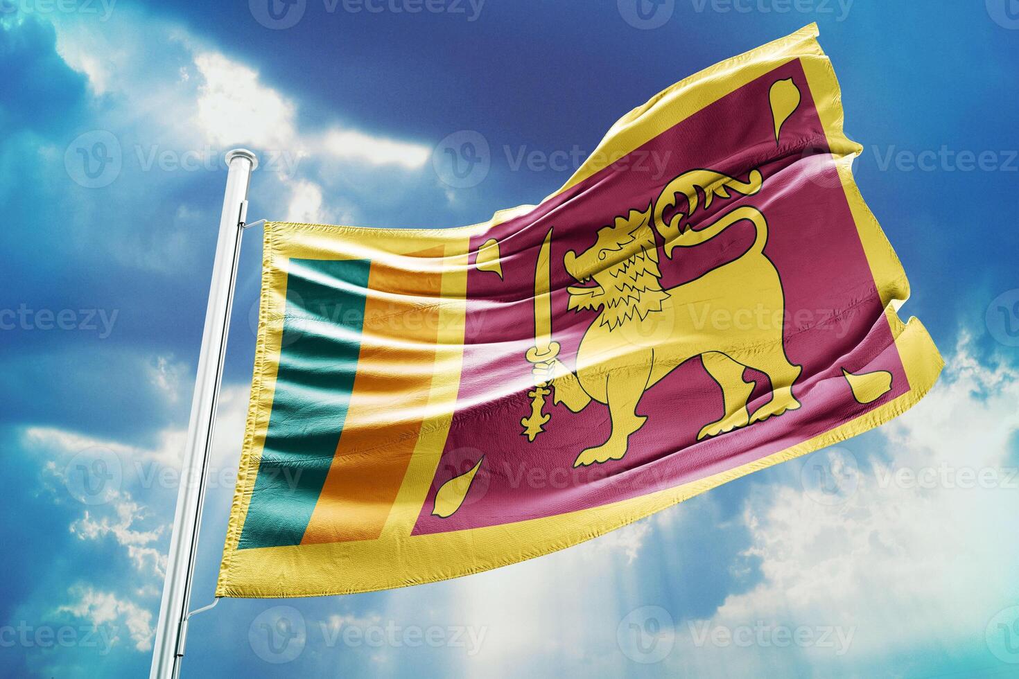 A flag with a lion on it flying in the sky photo