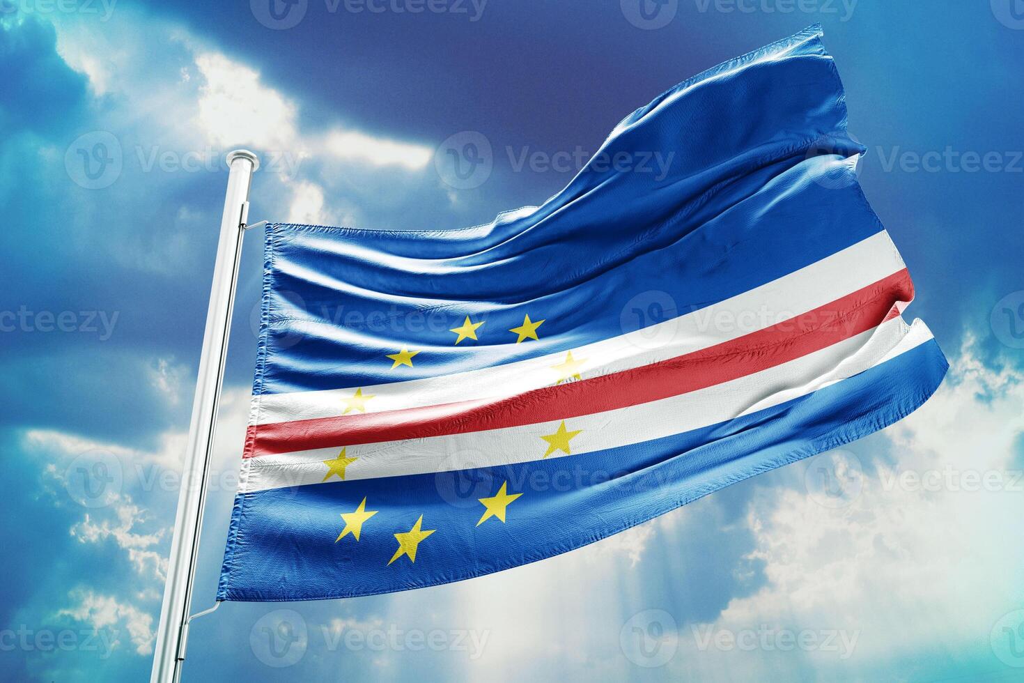 Cape verde flag on blue sky with clouds 3d rendering photo