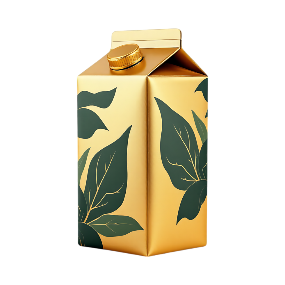 Gold carton with green leaf design. Premium juice packaging mockup. png
