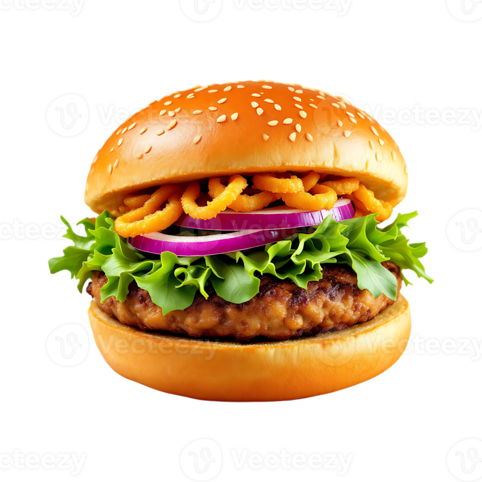 Juicy burger with crispy onion rings, lettuce, and red onion. png