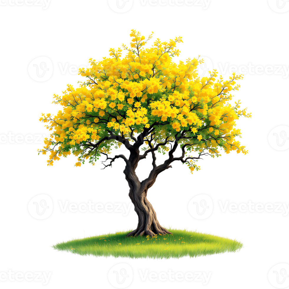 Yellow flowering tree on a small green hill. png