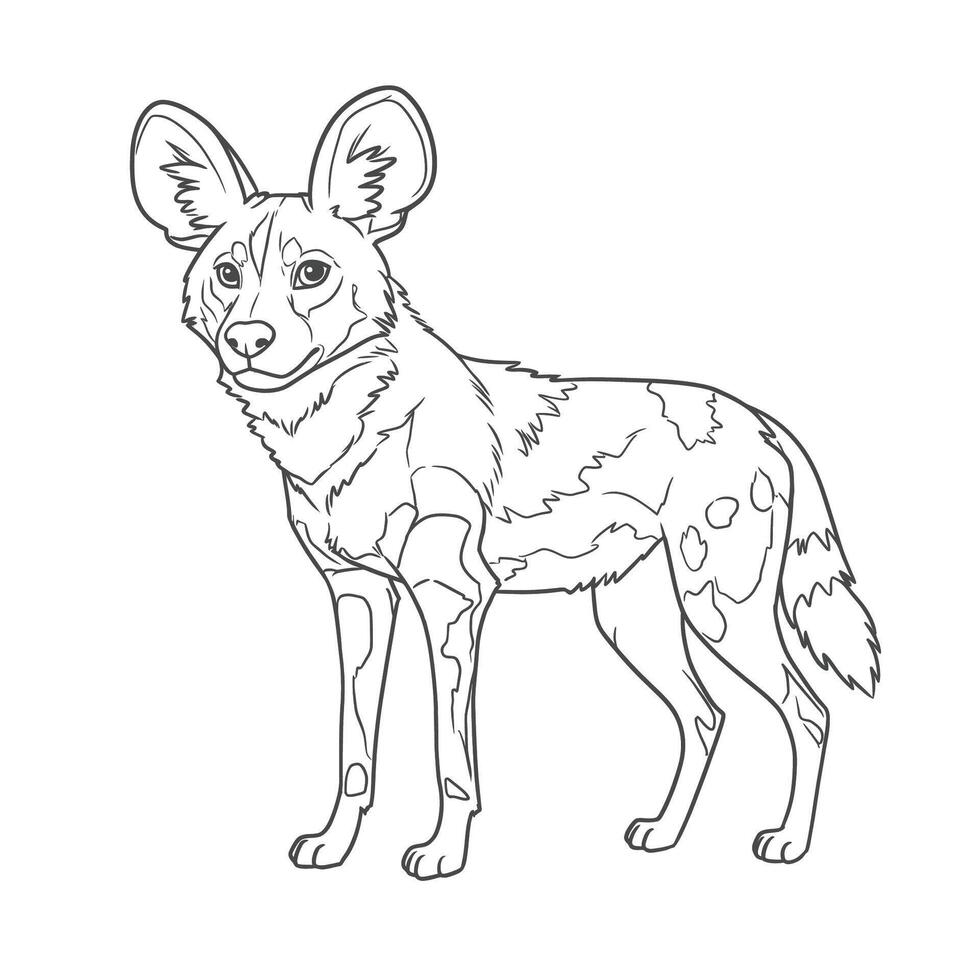 African Wild Dog-Lycaon pictus. An intricately drawn wild dog featuring detailed patterns across its body. The dog stands on a grassy terrain, highlighting its natural habitat and artistic design. vector