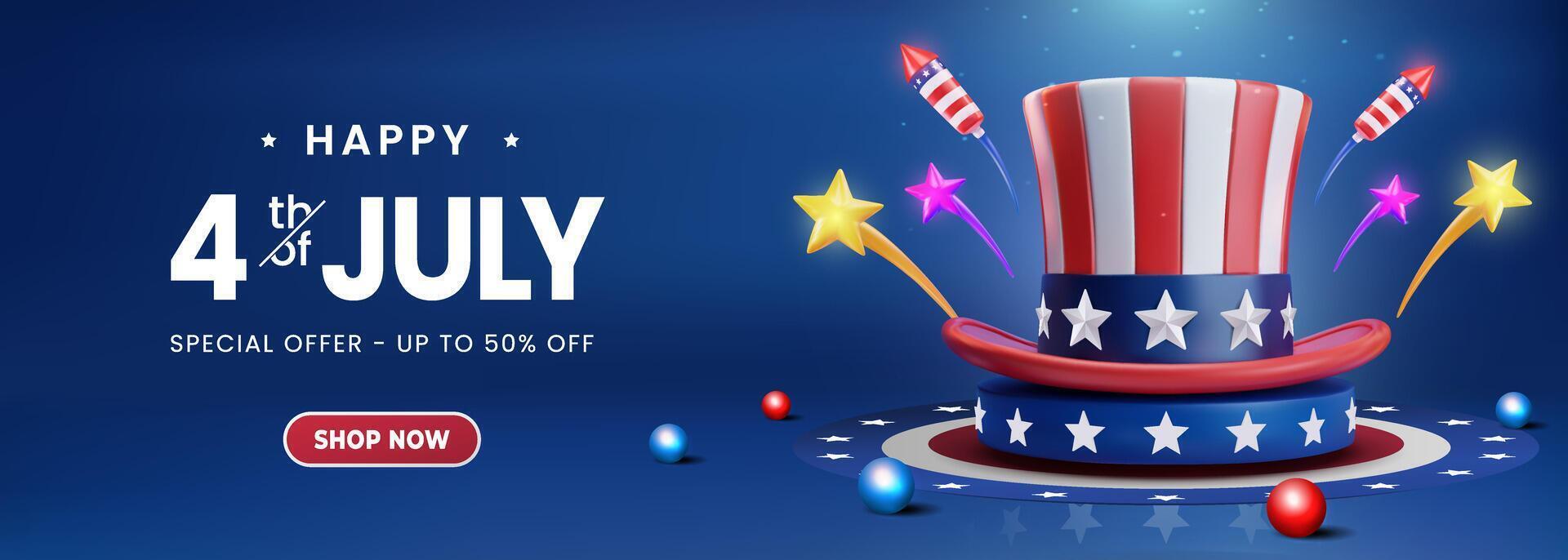 Festive Fourth of July Celebration Banner with Hat, Stars, and Fireworks vector