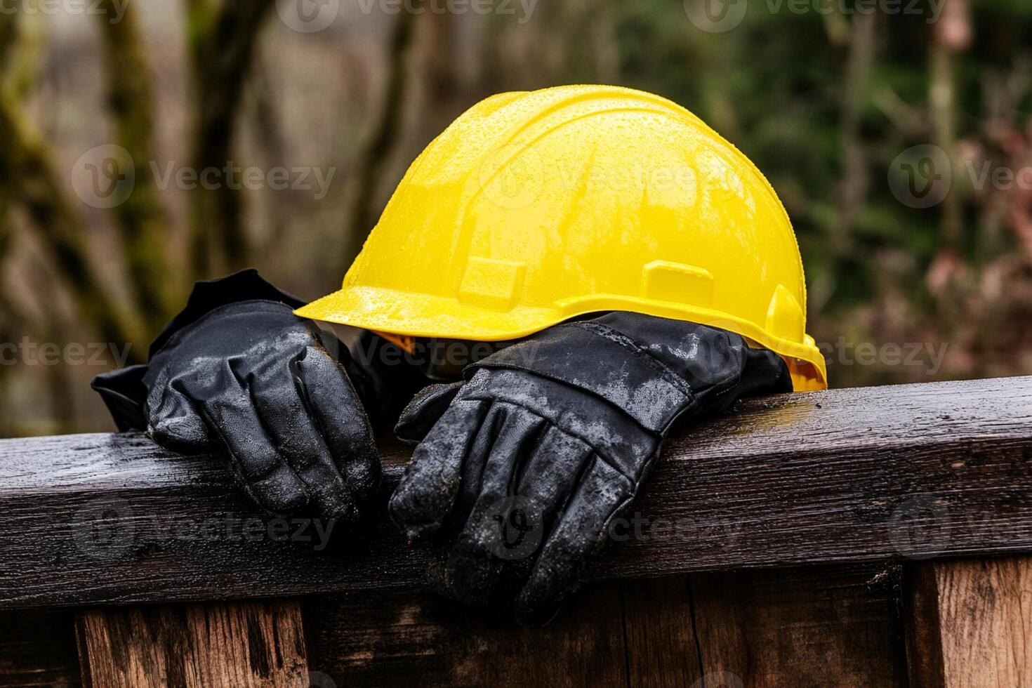 A yellow hard hat and black gloves on a wooden fence photo