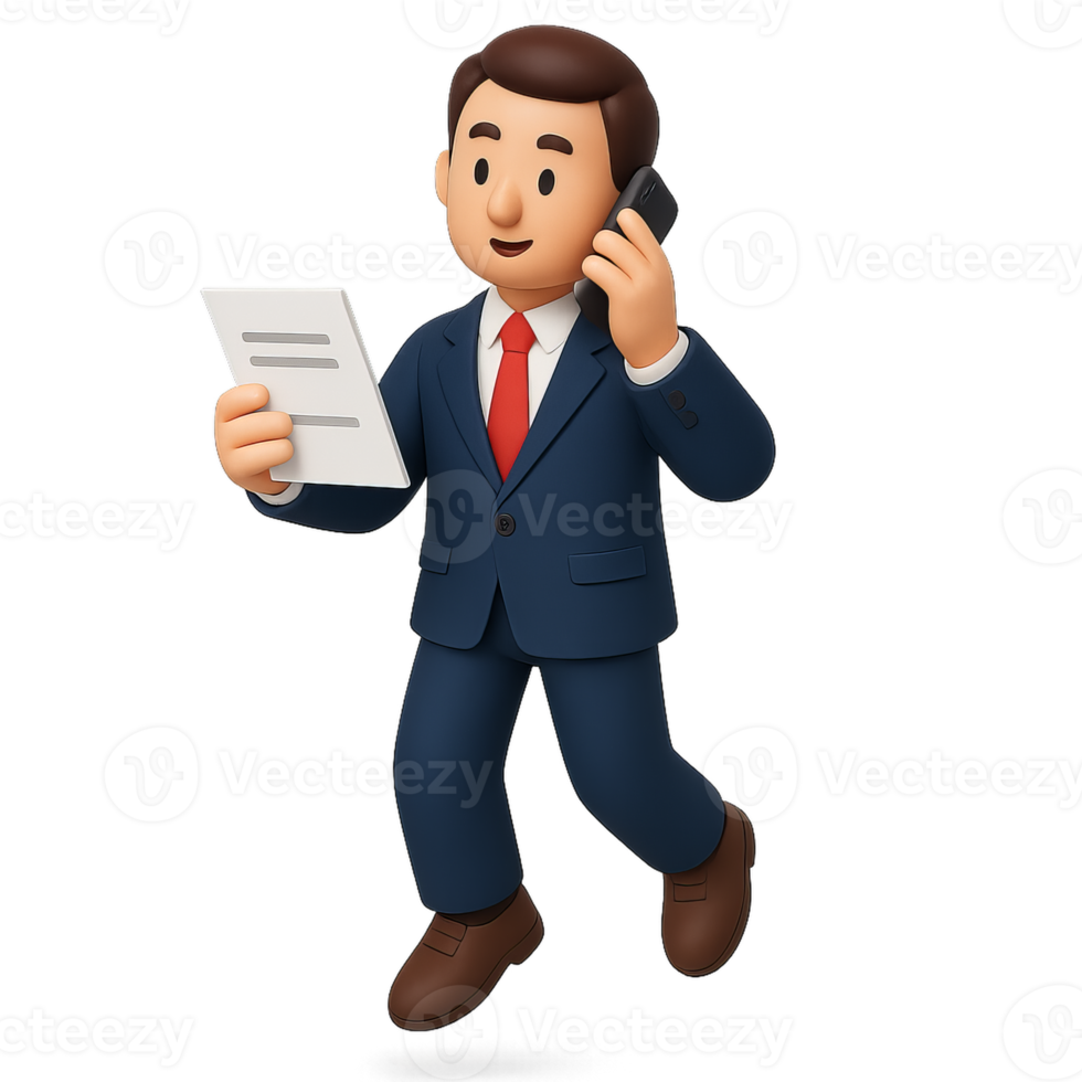 A cartoon man in a suit holding a piece of paper and talking on the phone png