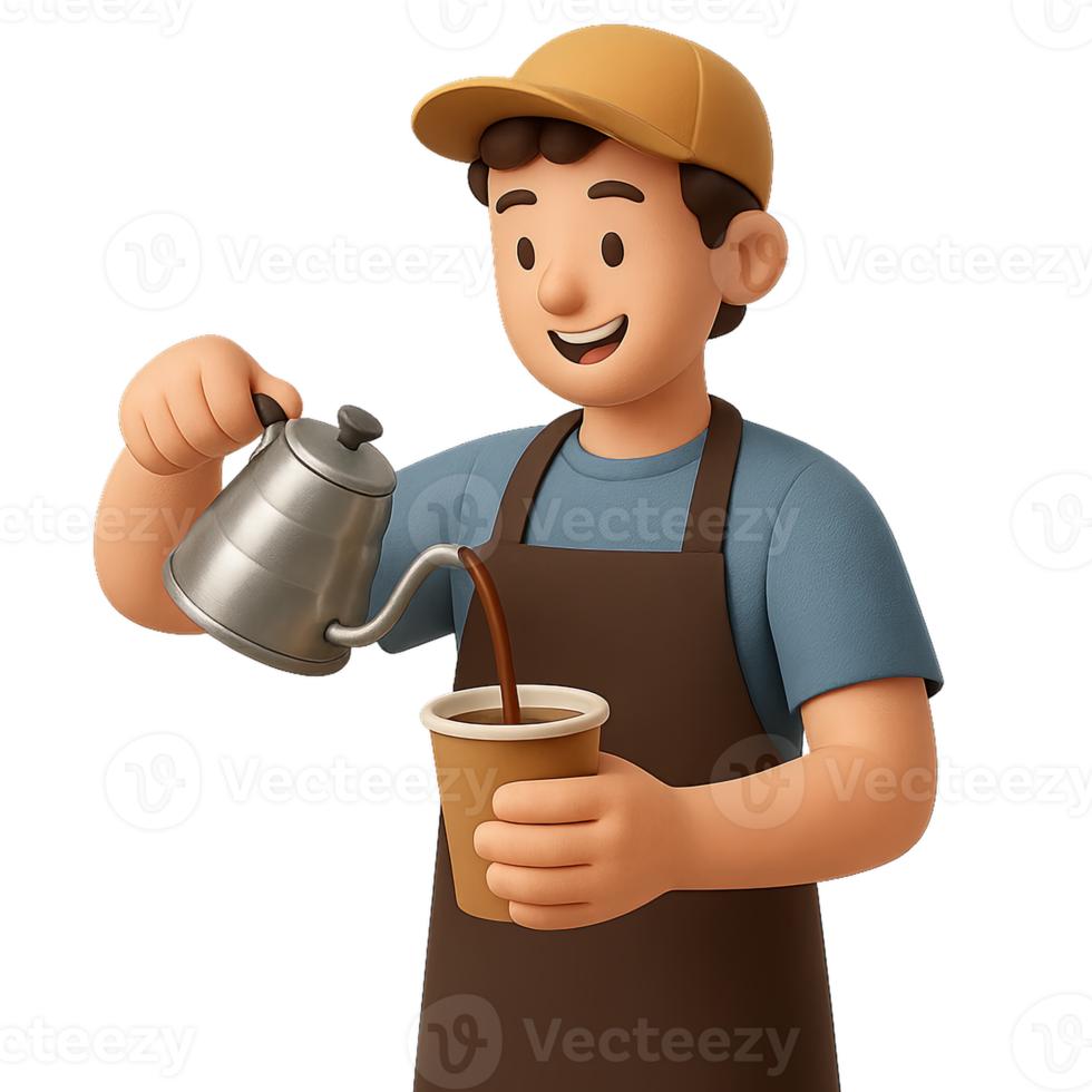 A man in an apron pours coffee into a cup png