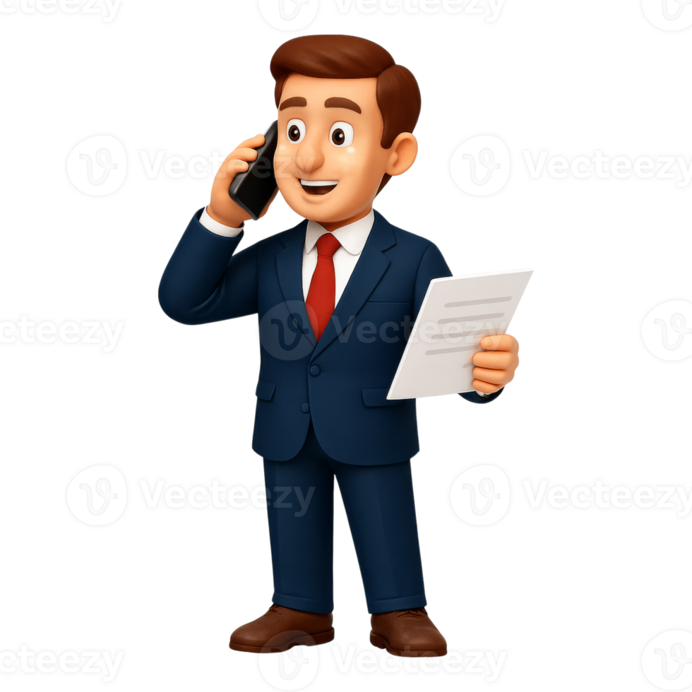 3d cartoon businessman talking on the phone and holding a document png