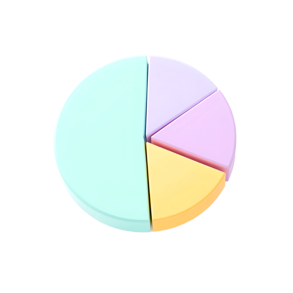 Pastel colored 3D pie chart with light teal, yellow and lavender segments. Statistics visualization. png