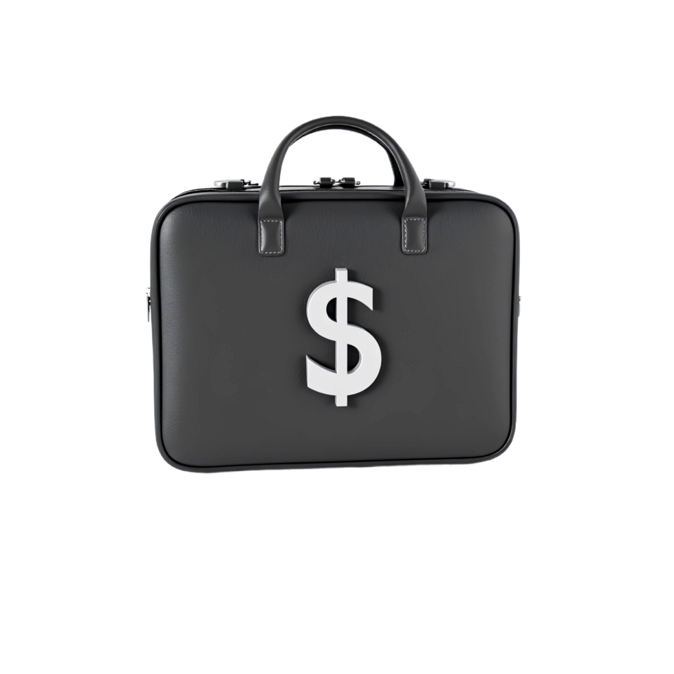 Black briefcase with white dollar sign. Investment, finance, business, wealth, currency. png